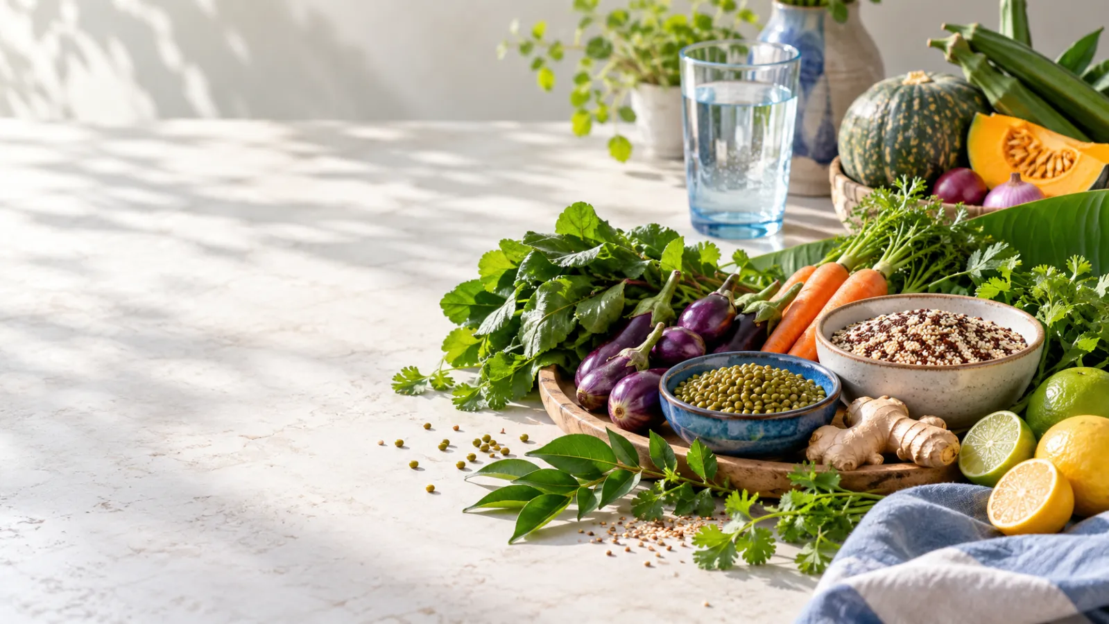 Colourful whole foods arranged for a balanced gut-friendly meal