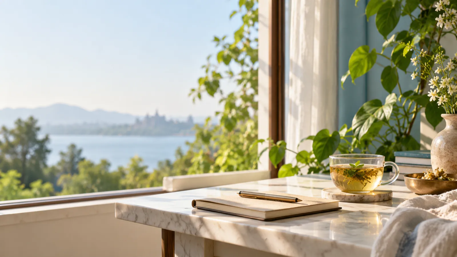 A calm morning routine with a journal, nourishing food and gentle movement
